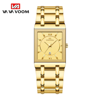 Relógio De Pulso Masculino À Prova D'água De Quartzo Retangular Com Pulseira De Aço Borda Cruzada , Calendário De Negócios Dourado
