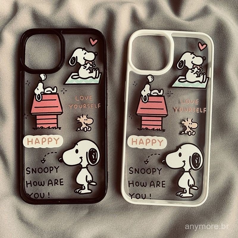 Capas de telefone do Snoopy QYJS para IPhone 15 14 13 ProMax 11 12 PRO 16 7 8 plus 14 15 PLUS X XR XSMAX SE Capa de proteção contra acrílico preto e branco Capa de amortecimento R56Y