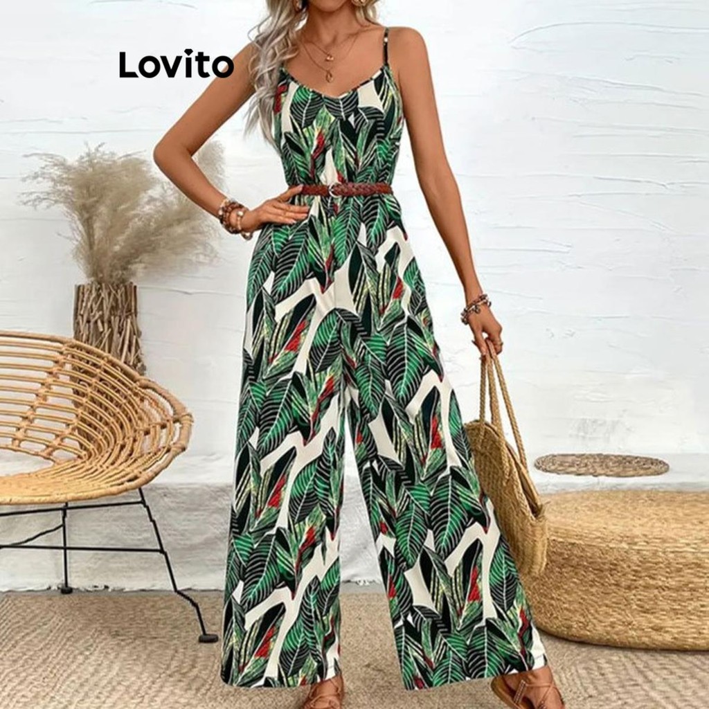 Lovito Macacão casual com estampa de plantas para mulheres LNL72229
