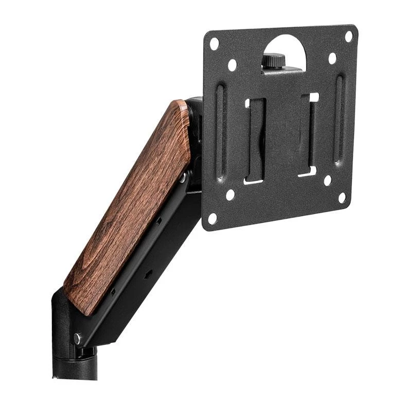 Detalhe da placa VESA do suporte Zinnia Rust 100, com o braço articulado em madeira e o mecanismo de ajuste de inclinação e rotação.