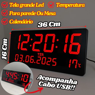 Relógio Digital 36x16Cm De Parede Ou Mesa Calendário Temperatura Horário Semana Decorativo em Oferta na Shopee