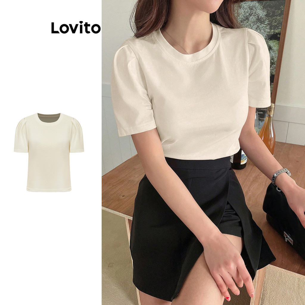 Lovito Camiseta Elegante Lisa Plissada Para Mulheres L Ed Shopee Brasil