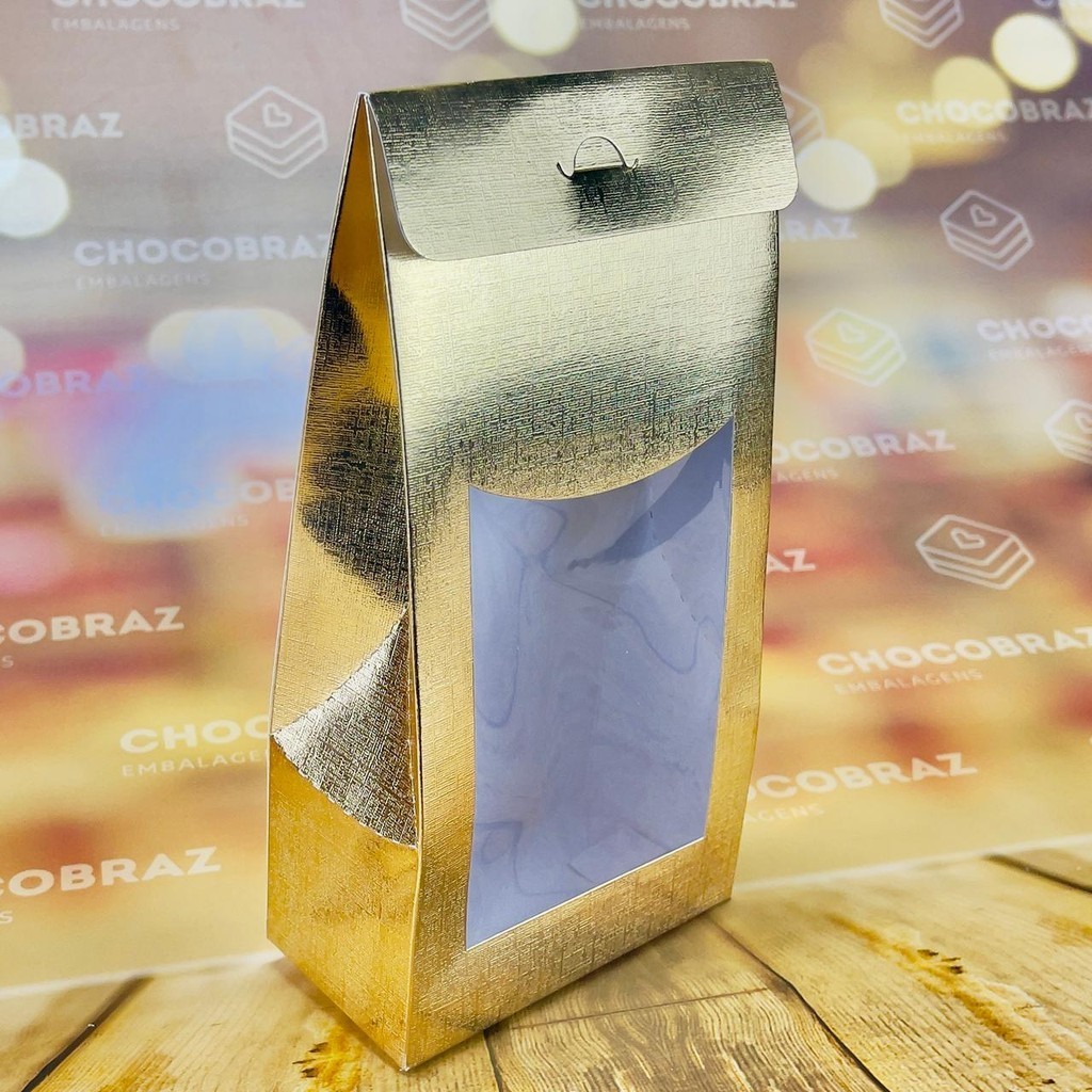 10 Caixa SACOLINHA COM VISOR OURO LAMINADA ASSK 12X6X23