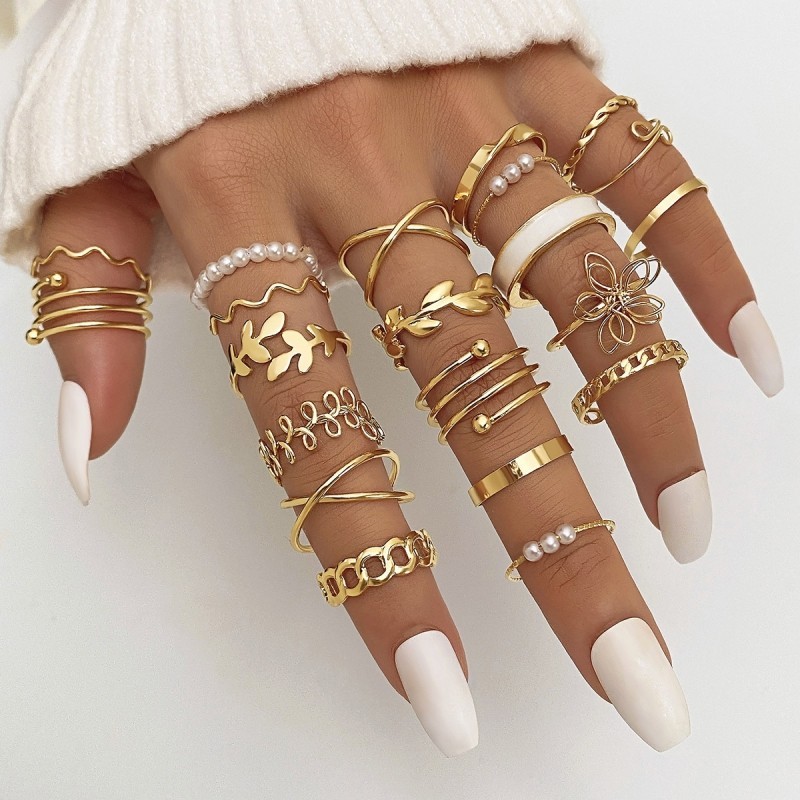 Conjunto de 22 peças Imitação Fashionable Pearl Flower Leaf Design Geométrico Ladies Ring