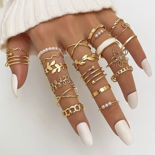 Conjunto de 22 peças Imitação Fashionable Pearl Flower Leaf Design Geométrico Ladies Ring