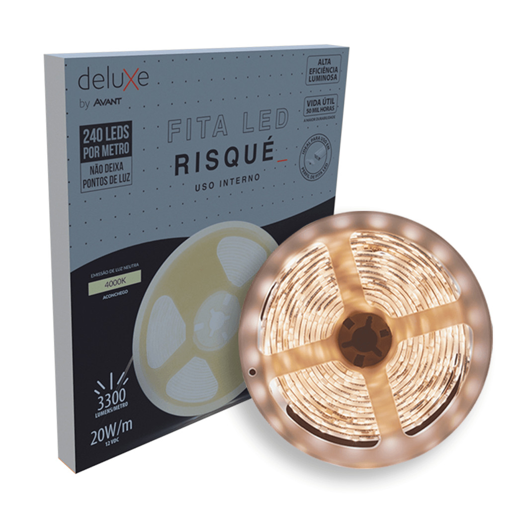 Fita Led Risque Branco Neutro 4000K 5m 12V 20w IP20 Deluxe