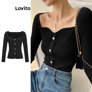 Lovito Suéter elegante com botões de metal simples para mulheres L100MD468