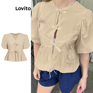 Lovito Blusa Boho Plain Bow Lace Up para mulheres L99ED649