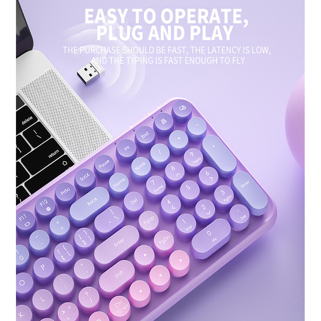 Rosa Roxo Ergonômico 2.4G Teclado Sem Fio 106 Teclas Retro Redondo ...