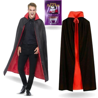 Capa Bruxa Vampira Dupla Face Com Gola e Dentadura Fantasia Drácula Halloween Carnaval Preto e Vermelho