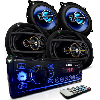 Kit Rádio Mp3 Som Automotivo + Par Alto Falante Triaxial 5 Pol 100w + Quadriaxial 6x9 Polegadas 260w