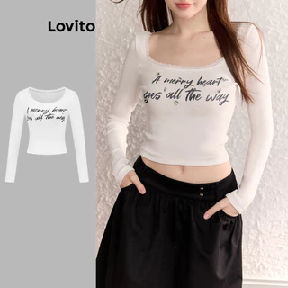 Lovito Camiseta casual de renda com strass e letras para mulheres L102AD107