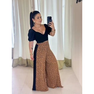 Calça Pantalona Em Malha Onça