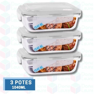 Kit 3 Potes Vidro Hermético Marmita Com 4 Travas 1040ml