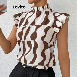 Lovito Blusa elegante com babados geométricos para mulheres LBL16782