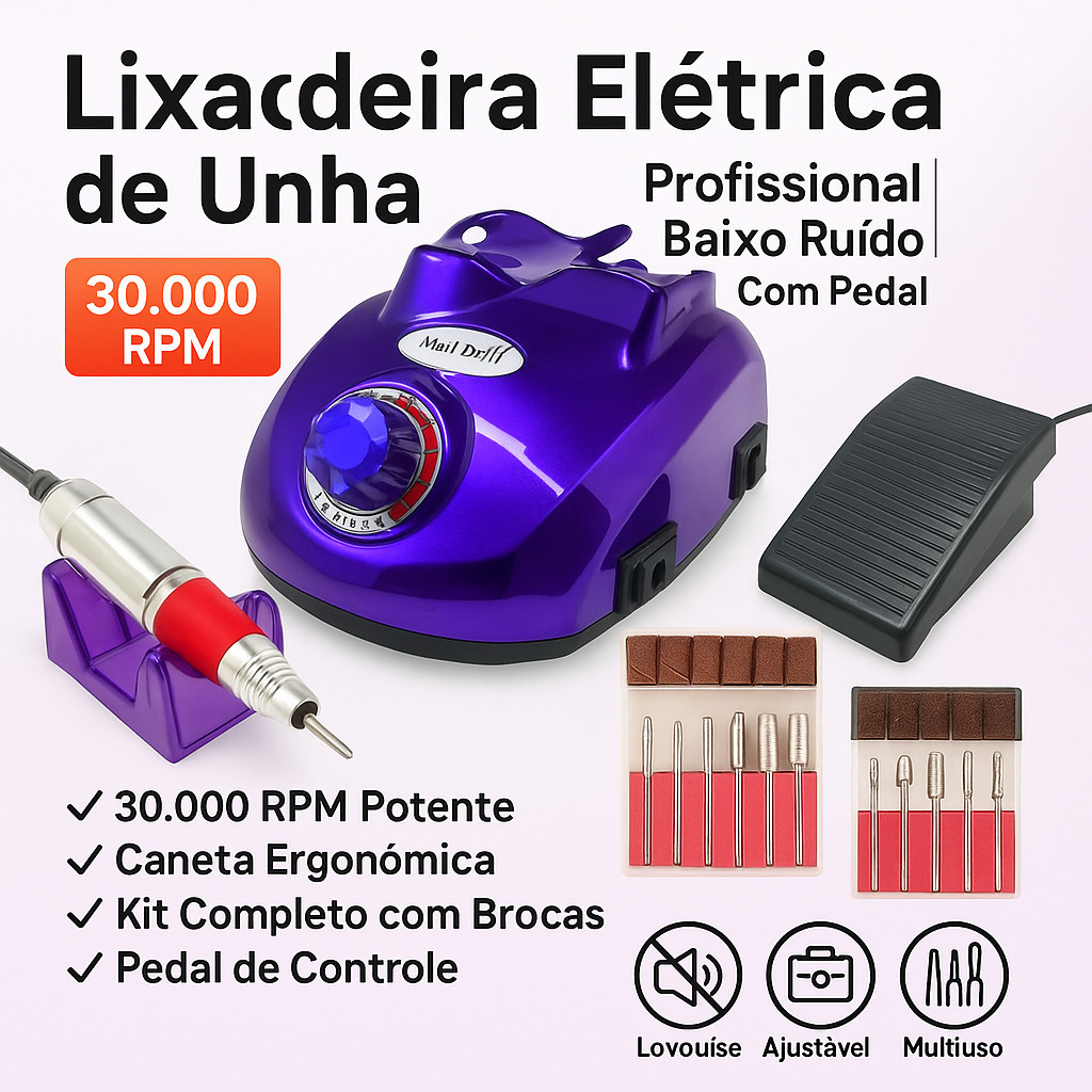 Lixadeira Elétrica de Unha 30000 RPM Profissional com Pedal + Caneta ...