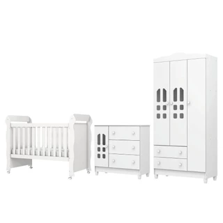 Dormitório Infantil Completo Berço Americano Mini Cama 2 em 1 Com Rodízios Para Quarto Bebê Mimo Helena Branco