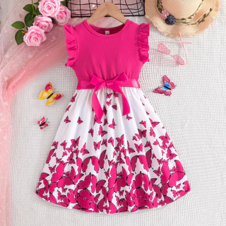 Vestido De Bebê Menina Crianças 5-10 anos Moda Verão Cinto Sem Manga Lindo Borboleta Floral Vestidos De Princesa Infantil