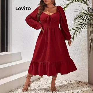 Lovito Vestido feminino plus size curvo casual com babados e bainha com renda LNL68422