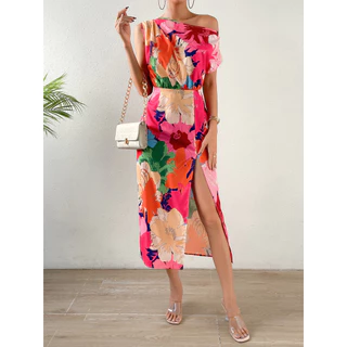 Lovito Vestido casual floral colorblock com frente dividida para mulheres LNL77032