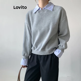 Lovito Moletom vintage liso falso 2 em 1 para mulheres LNA74110