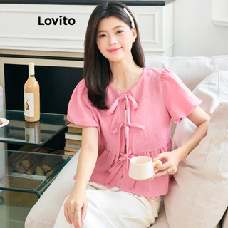 Lovito Blusa fofa lisa com babados na frente e amarração na bainha para mulheres L102AD079