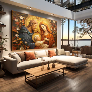 Quadro Decorativo 110x80cm Mosaico Maria, José e Jesus Hall da Luxo Sala Quarto Casa Decoração De Parede Mdf Adesivo