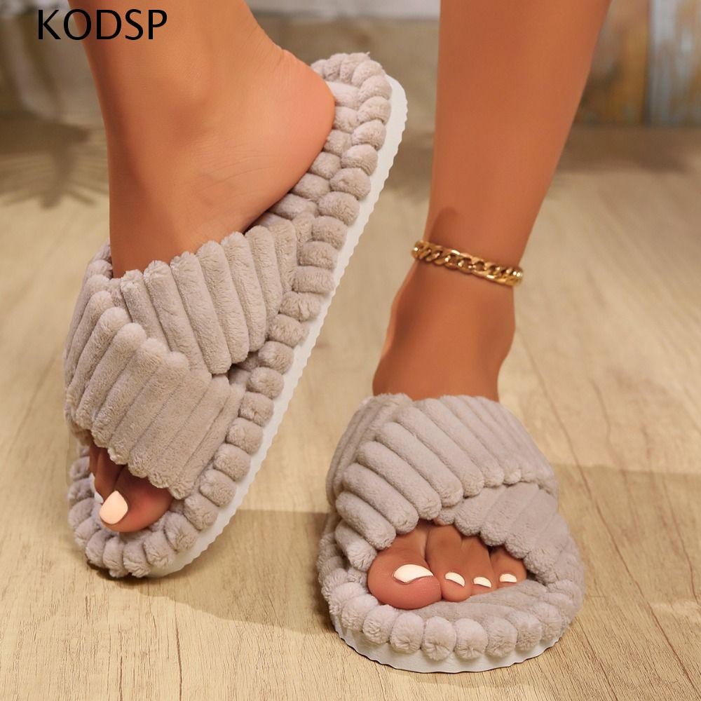 Chinelo De Veludo KODSP , Chinelos Casuais De Pelúcia Com Dedos Abertos , Faixa Cruzada De Cor Sólida Antiderrapante Cas