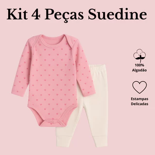 4 Peças Bebê 2 Body Manga Longa e 2 Mijão Suedine 100% Kit Algodão Meninas e Meninos Maternidade Enxoval