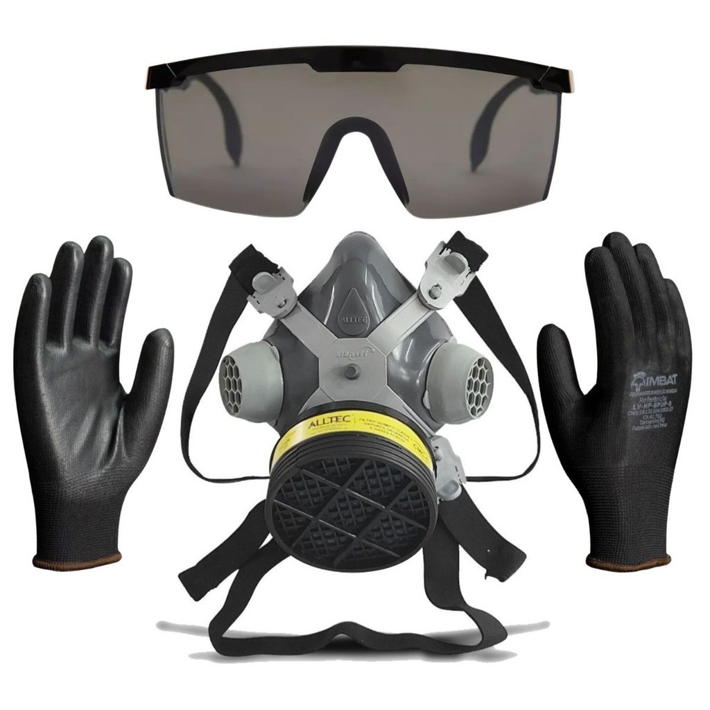 Kit Máscara Respirador Óculos Segurança Luva Poliéster EPI