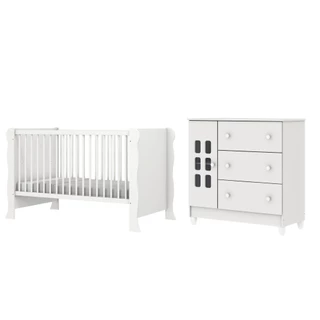 Dormitório Infantil Berço Americano Mini Cama 2 em 1 e Cômoda Para Quarto Bebê Luna Branco Carolina Baby
