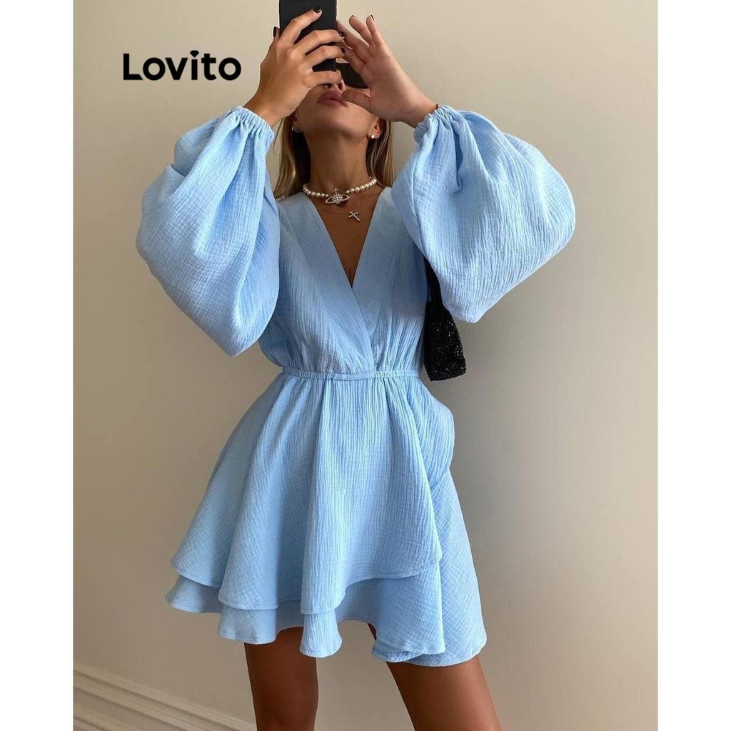 Lovito Vestido elegante liso de cor sólida para mulheres n LNL205