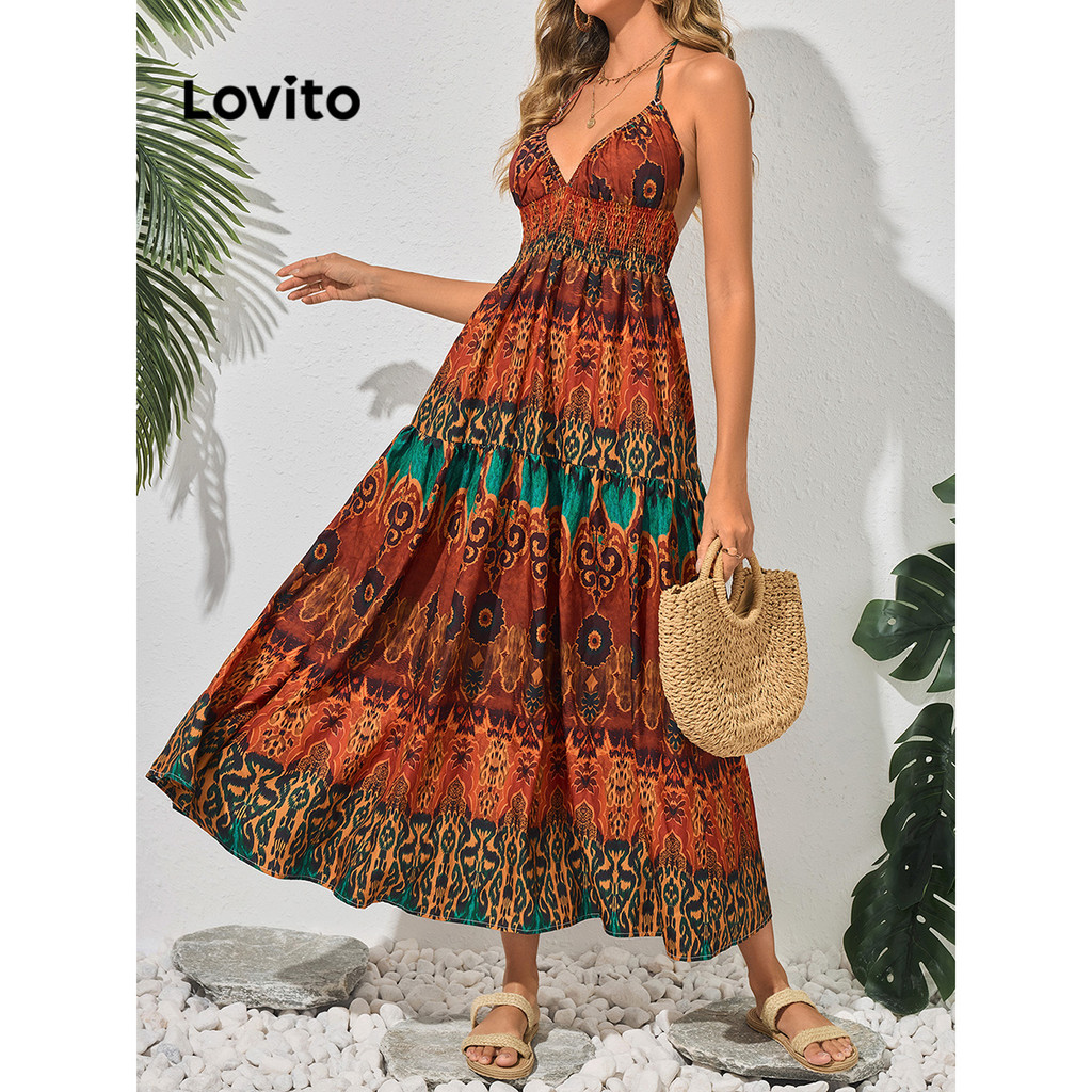 Lovito Vestido Boho Tribal com estampa de renda e babado em camadas para mulheres LBL16109