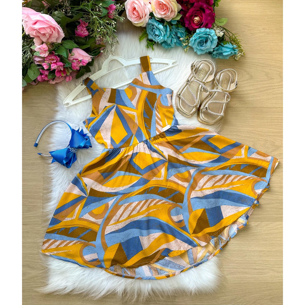 Vestido Banana Club Estampado Amarelo e Azul Modinha Shopee Brasil