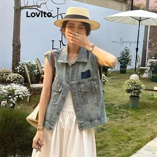 Lovito Jaqueta jeans casual lisa lavada para mulheres LNM75235