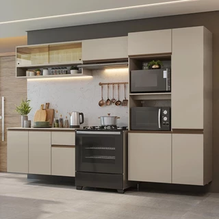 Armário de Cozinha Completa 300 cm Suspenso Crema Nice Madesa 07 em Oferta na Shopee