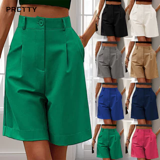 Casual Shorts Plissados Liso Com Bolsos Para Mulheres Calças de Cintura Alta Soltas E de Pernas Retas