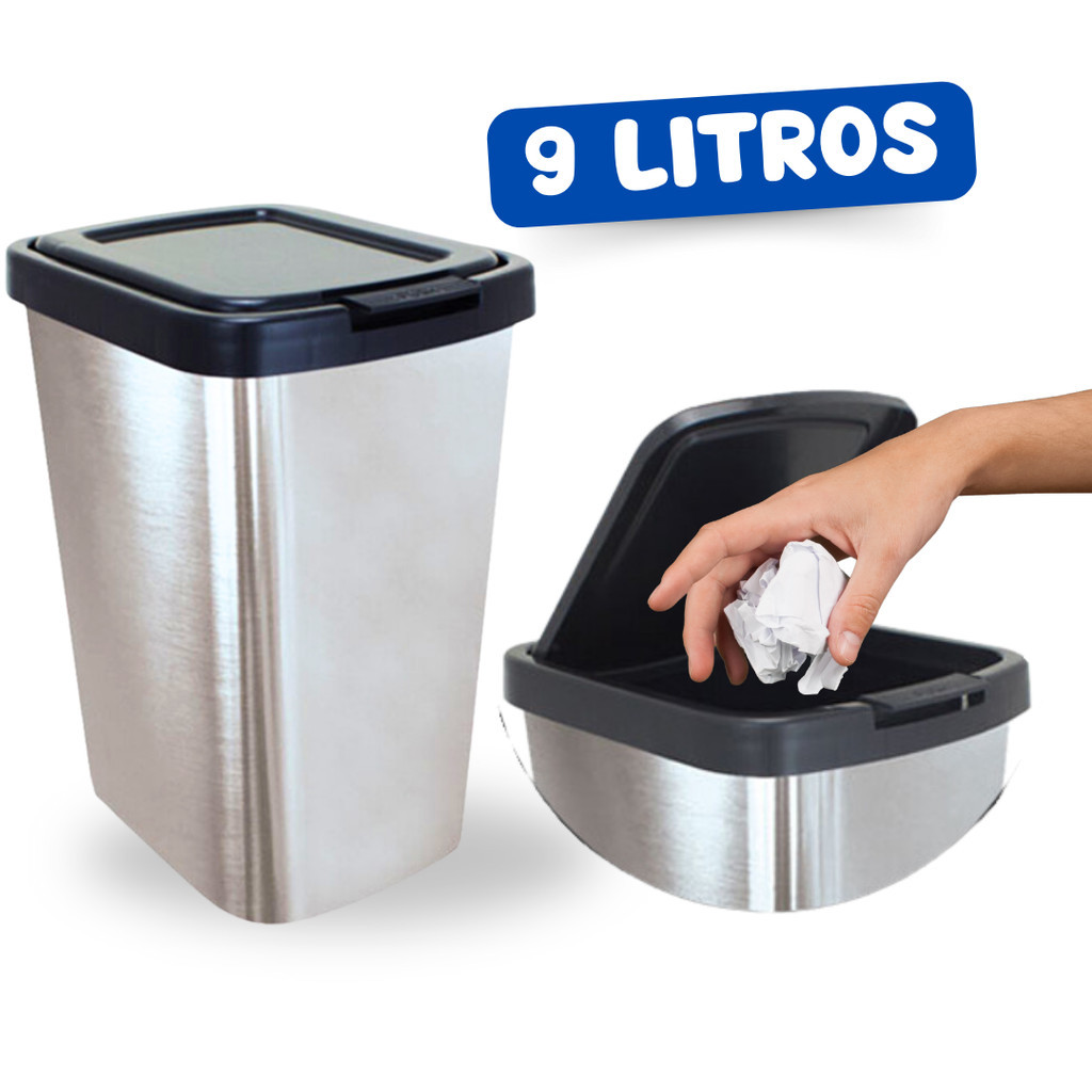 Lixeira Grande de Plastico Retangular Prata com Tampa 9 Litros Cesto de ...