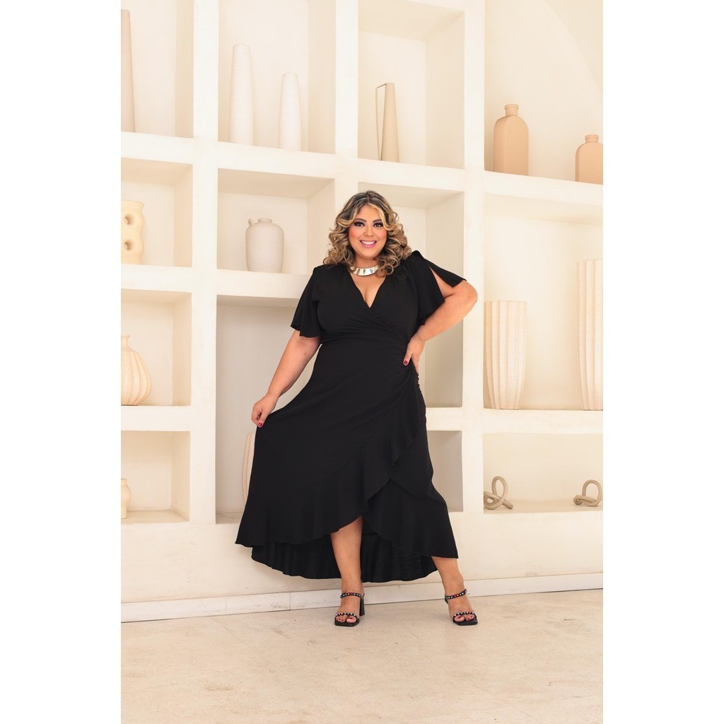 Duna Vestido Envelope Preto Vestido Curto Aline Transpassado - Main Image
