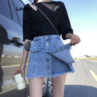 Lovito Saia jeans casual simples falsa 2 em 1 para mulheres LNM74113