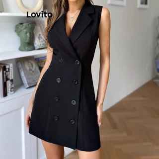 Lovito Vestido elegante liso com botão duplo para mulheres LNL77348