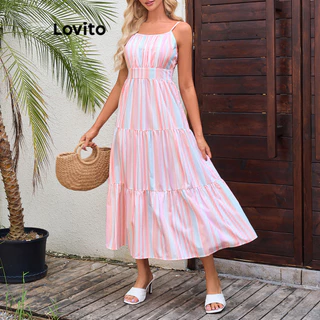 Lovito Vestido romântico de camada geométrica com listras arco-íris para mulheres LBL16563