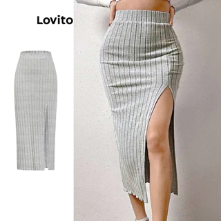 Lovito Saia de malha canelada elegante com fenda frontal simples para mulheres L105MD676