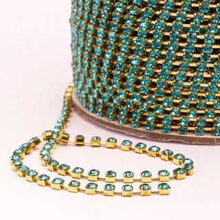 Corrente Strass Ss17 Azul Claro Dourado - Rolo 100 Metros