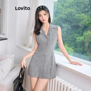 Lovito Vestido casual xadrez com botões para mulheres L102AD287
