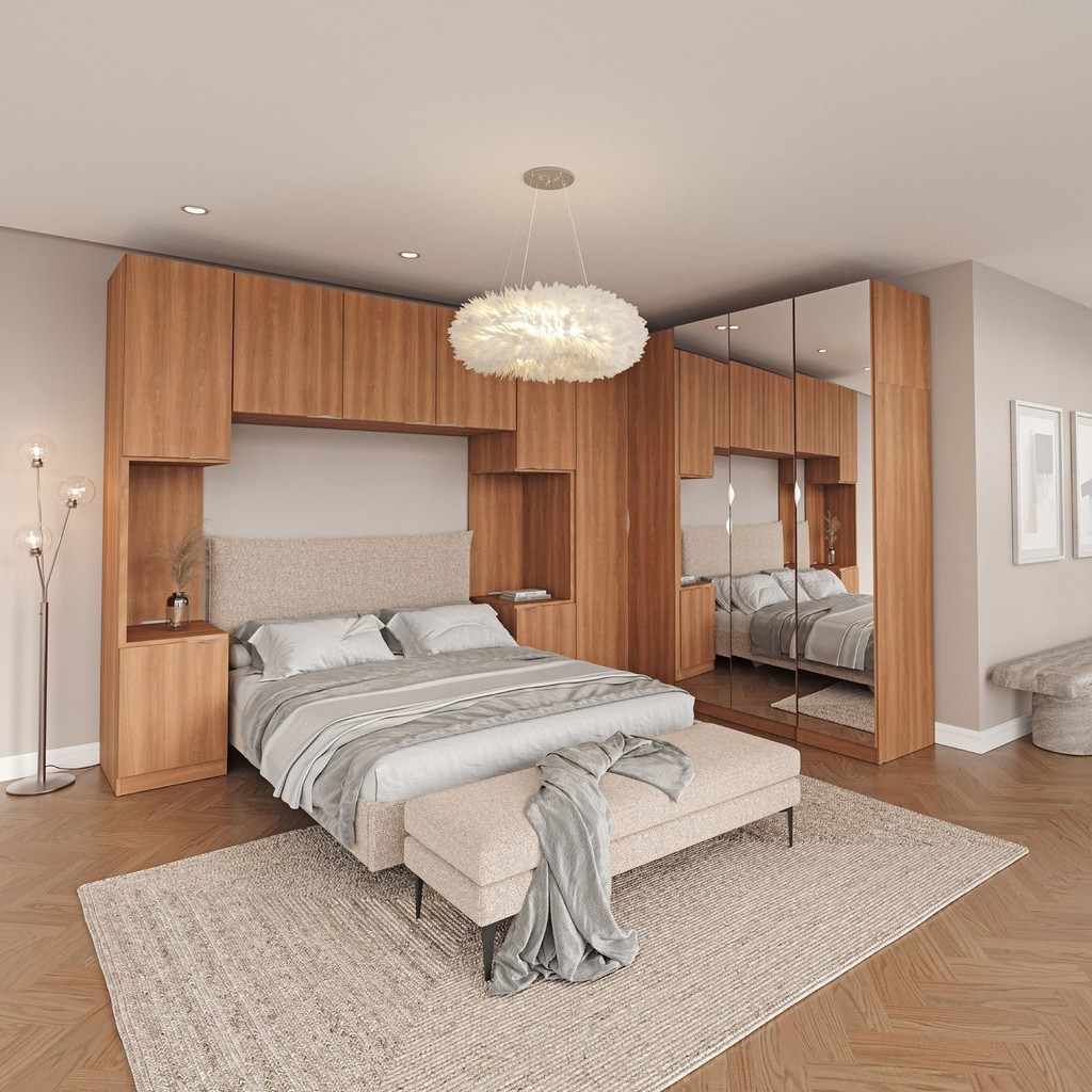 Guarda Roupa Modulado de Casal com Espelho 12 Portas 6 Peças e 2 Mesas de Cabeceira Hera CabeCasa MadeiraMadeira Louro