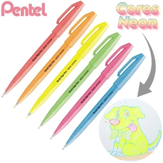 Kit Caneta Brush Sign Pen PENTEL Fluorescente Neon - 6 Cores (Cores novas Lançamento)