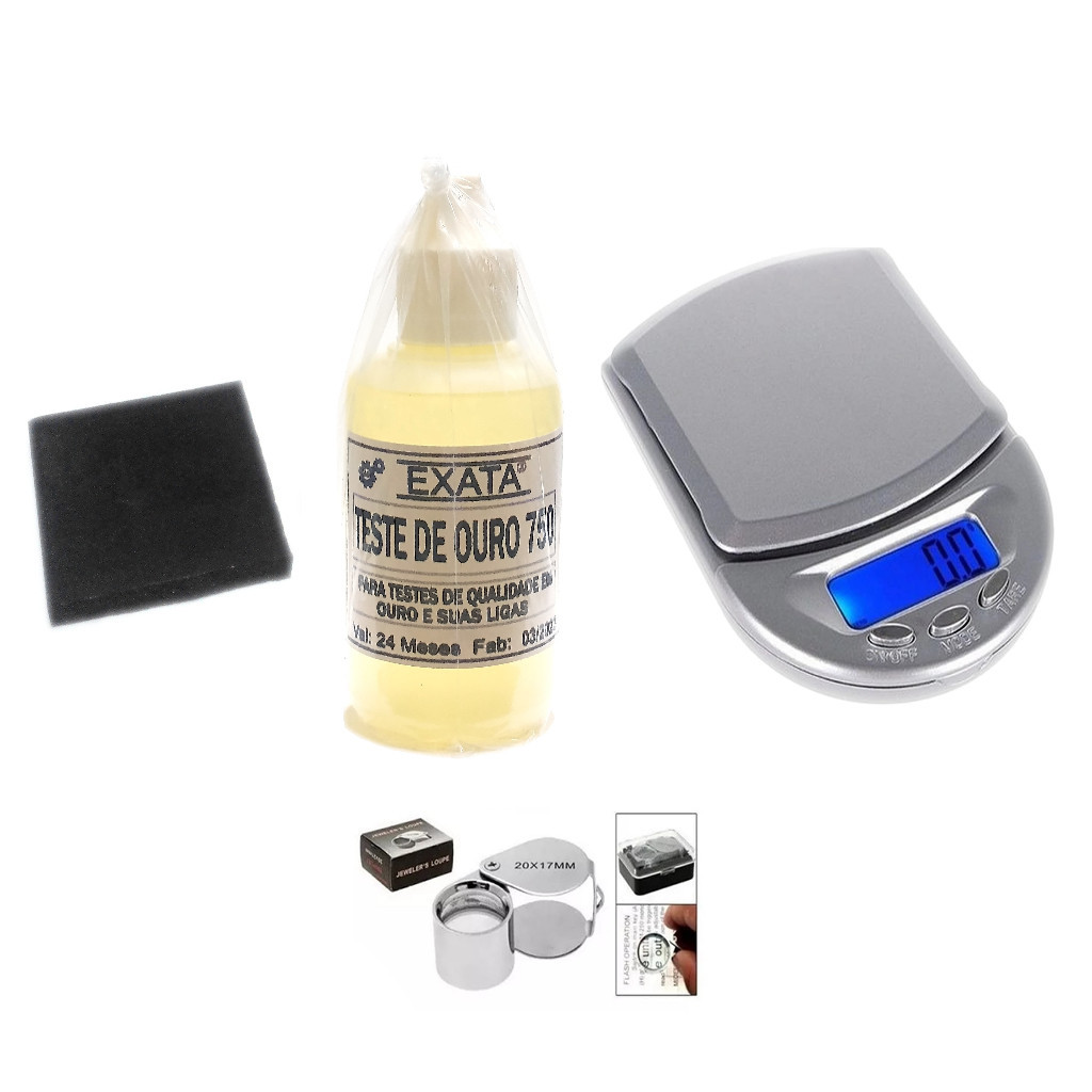 Kit Teste Ouro - Pedra Peq + Reagente 18k + Pocket 500g + Lupa Temos ...