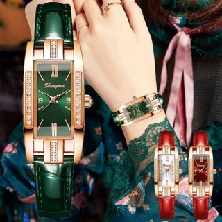 Relógio de Moda Rectangular Ladies Watch Leather Strap Diamante Inglês
