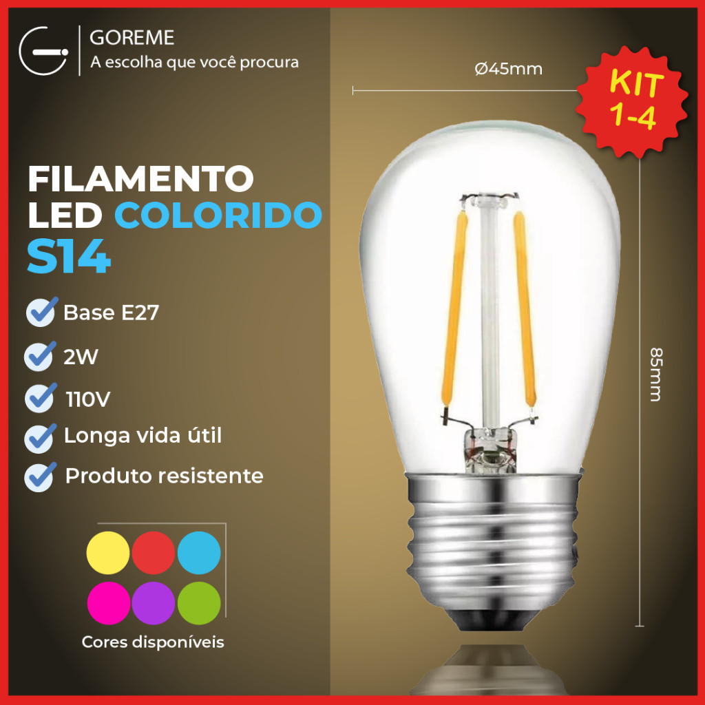 Lâmpada Filamento Colorido LED S14 2W E27 Luz Colorida Ambar Retrô Vintage 110V